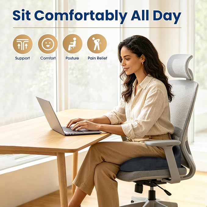 Seat Cushion,Thick Memory Foam Cushions for Office Chair, Car Seat, Airplane, Relieving Pressure Tailbone Sciatica Back Pain for Long Sitting Office Workers, Car Drivers Grey