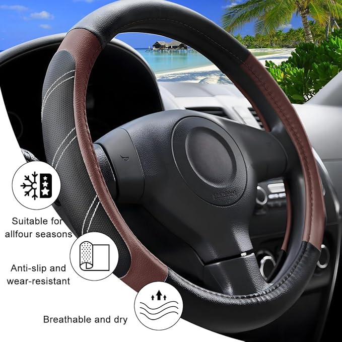 Zpana Car Steering Wheel Cover, 15 Inch Carbon Fiber Leather Non-Slip Steering Wheel Protector with Lining, Breathable Automotive Interior Accessories, Universal for SUV RV Truck (Brown)