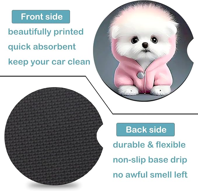 2 Pack Dog Car Cup Holder Coasters Universal Neoprene Coasters | 2.75" Universal Size Anti Slip Rubber Mat, Auto Cup Holder Accessories for SUV Truck, Gifts for Dog Lovers Women Men Mom