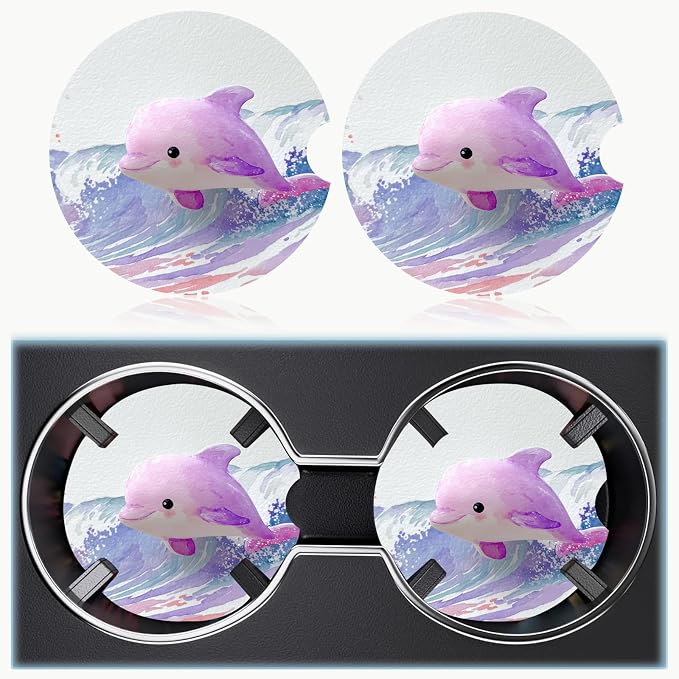 Car Cup Holder Coaster Set of 2, 2.56 in Ceramic Coasters, Scratch-Resistant Cork Backing, Finger Groove Design for Easy Placement, Cute Car Accessories Interior for Women (Purple Dolphin)
