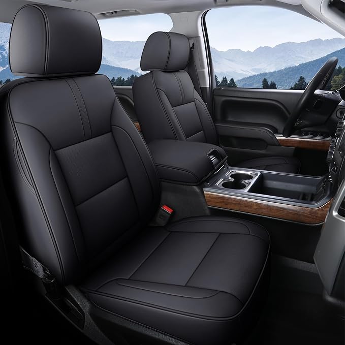 Coverado Chevy Silverado Seat Covers, Faux Leather Seat Covers Fit for Chevy Silverado GMC Sierra 2007-2025 1500, 2015-2025 2500HD 3500HD Crew Double Extended Cab (Front, Black)