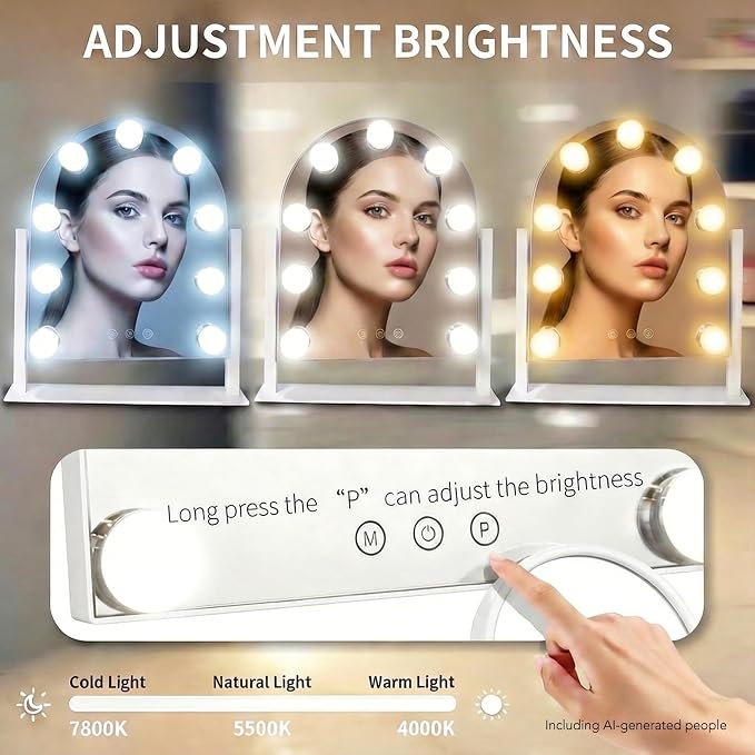 Arched Makeup Vanity Mirror with LED Lights Makeup Mirror Detachable 10X Magnification, Hollywood Make Up Mirror with Lighting, Smart Touch, Rechargeable,360° Rotation,White 14.17"x 11.81"
