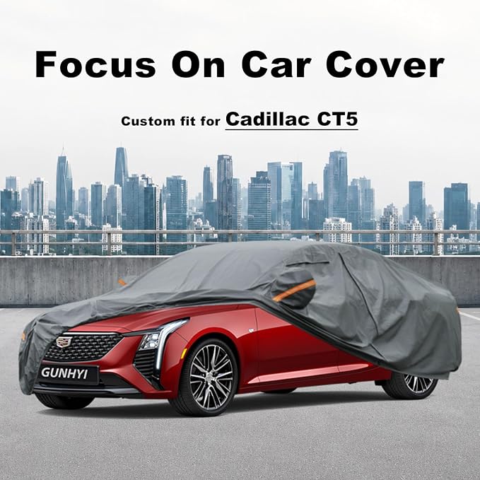 GUNHYI Premium Car Cover Custom Fit Cadillac CT5, 16 Layers Heavy Duty Car Cover Waterproof All Weather with Zipper Door for Sun Rain Snow Dust Uv Protection