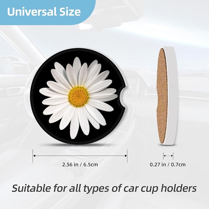 2 Pack Car Coasters for Cup Holders, 2.56" Universal Absorbent Ceramic Stone Car Cup Holder Coasters with Non-Slip Cork Base, Car Interior Accessories for Women Men(Black White Daisy)