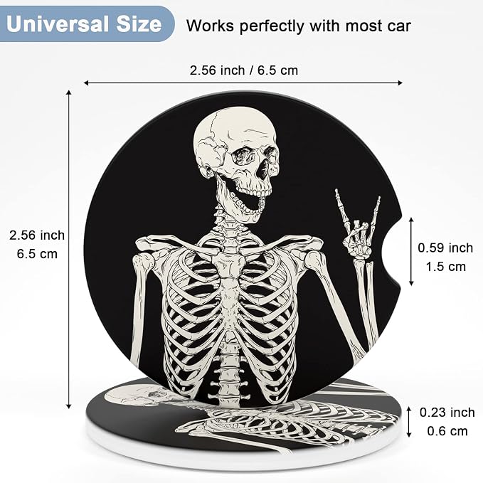 Nipichsha Car Coasters for Cup Holders, 2 Pack Absorbent Ceramic Car Cup Holder Coaster for Drinks, Cute Auto Assecories for Women Men, Size 2.56 in with Finger Notch & Cork Base, Skull