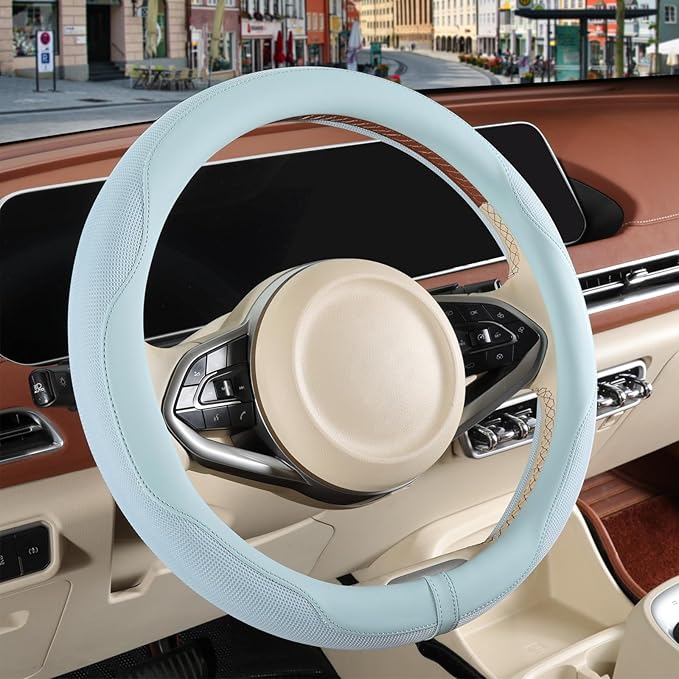 Nappa Leather Blue Steering Wheel Cover Large 16 inch | Non-Slip Breathable Microfiber Leather and Ice Silk Fabric, Warm in Winter and Cool in Summer, 15.5 inch to 16 inch