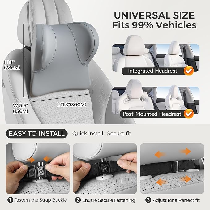 BEBAS Car Headrest Pillow, Ergonomic Memory Foam Car Neck Pillow for Driving, Neck Support Pillow with Breathable Removable Cover, Headrest Support Cushion for Pain Relief, Fits All Vehicles(Gray)