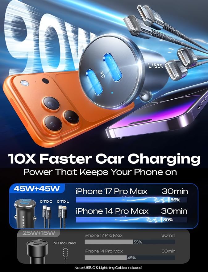 LISEN 90W Car Charger USB C Fast Charge,USB C Car Charger,Type C for iPhone | USB C Car Charger Fast Charge for iPhone 17 Pro Max 16 15 14 13 12 11, for Samsung S26 S25 S24 [with Lightning & USB-C Cable]