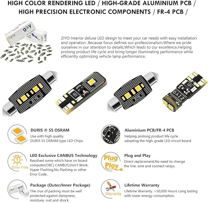 ZIYO ZPL2415- (15 Bulbs) Deluxe Interior LED Light Kit 6000K Xenon White Upgrade Dome Light Bulbs Replacement for Chrysler 300 / 300C 2005-2010