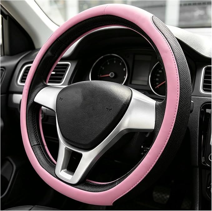 Sun Walker Steering Wheel Cover, Breathable Leather Steering Wheel Covers with Perforated Sides, Anti-Slip Comfortable Grip Auto Sleeve for 14.5-15 Inch Wheels, Car Accessories (Pink)