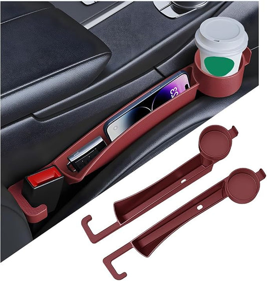 2PCS Car Seat Gap Filler Organizer with Cup Holder, Multifunctional Side Seat Crevice Blocker Plug with Storage Slot, No-Drop Auto Console Side Gap Stopper Organizer, Universal Fit (Red)
