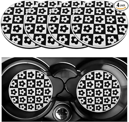DXNQ 4 PCS Car Cup Coasters, 2.76 Inch Anti-Slip Checkered Vehicle Cup Holder Insert Coasters, Auto White & Black Drink Cup Mats for Front Console Cup Holders, Car Accessories (Flower)