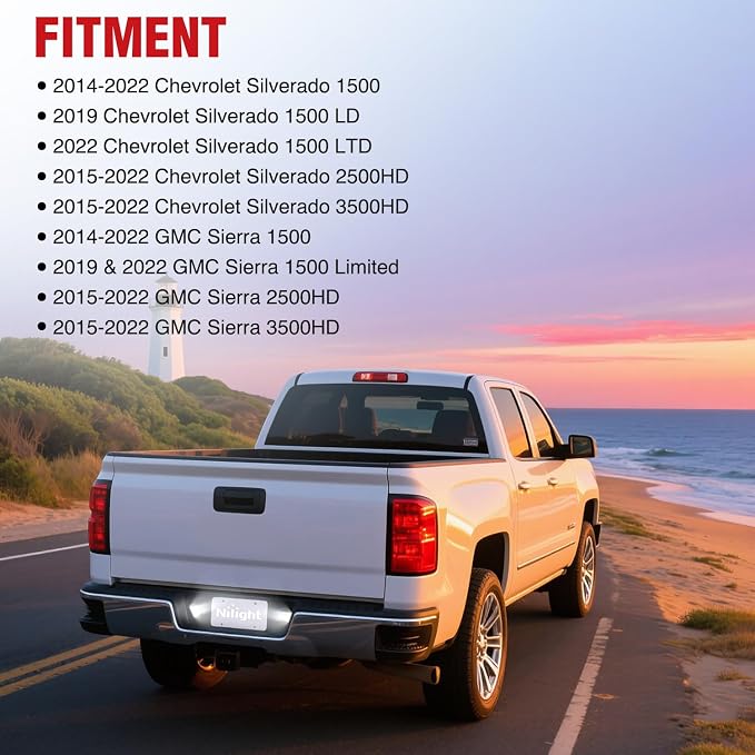 Nilight License Plate Lights Compatible with 2014 2015 2016 2017 2018 2019 2020 2021 2022 2023 Chevy Silverado 1500 GMC Sierra 1500 2015-2022 Chevy Colorado with Black housing 6000K White 2PCS Pack