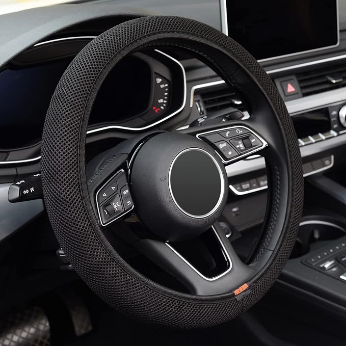 Elastic Stretch Steering Wheel Cover, Warm in Winter and Cool in Summer, Universal 15 inch Microfiber Breathable Ice Silk Anti Slip Car Interior Accessories, Odorless, Easy Carry, Black