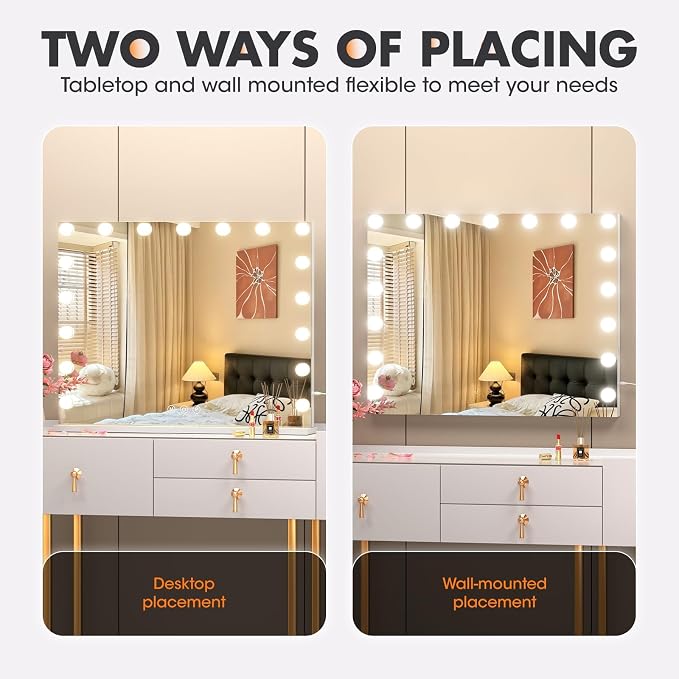 Hasipu 24" x20” Hollywood Vanity Mirror with Lights - Makeup Mirror with 17 Dimmable LED Bulbs, 10X Magnification, Touch Control, USB & Type-C Charging Port (Square White)