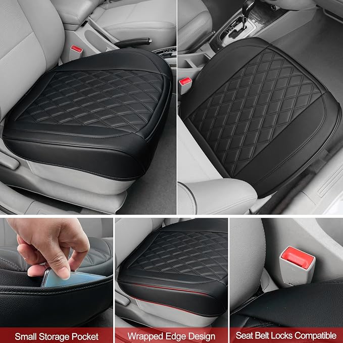 BEITK 1 Pack Leather Front Car Seat Cover Bottom Car Seat, Anti-Slip and Full Wrap Driver Car Seat Protectors, Luxury Waterproof Bottom Auto Seat Cushion Pad Mat for Most Vehicles(Red)