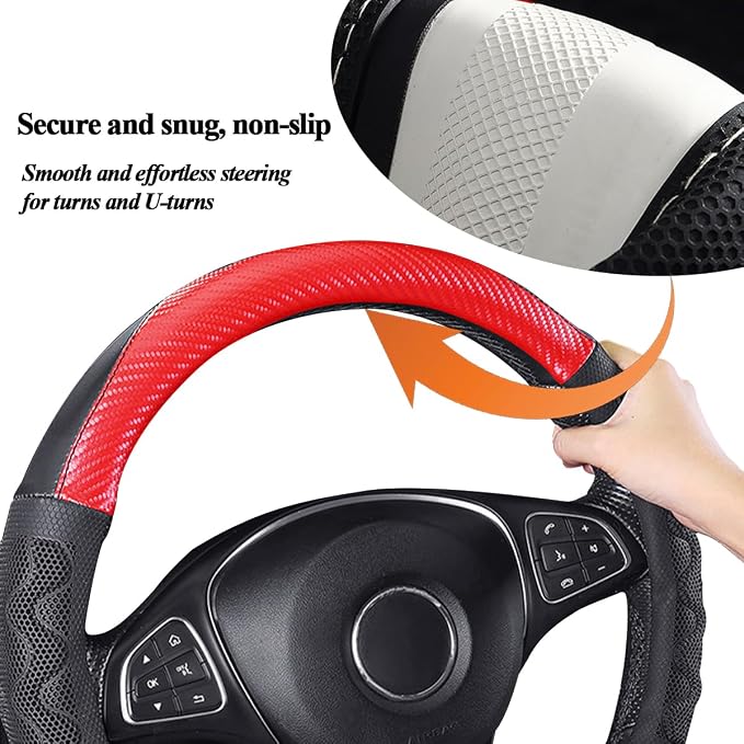 HZEL Car Steering Wheel Cover, Carbon Fiber Breathable Soft Grip Vehicle Steering Wheel Protector with Anti-Slip Lining, Automotive Interior Protective Decor Accessories, Universal Fit (Red)