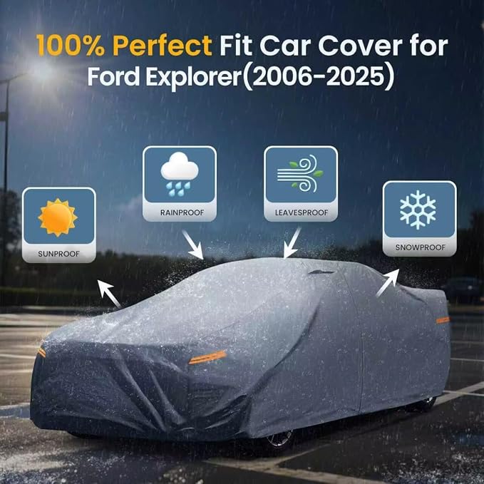 Waterproof Ford Explorer(2006-2026) SUV Car Cover with Breathable Vents, [Upgrade] Premium Covers with Cotton Liner and Zipper Door, Sun Rain Snow Dust Uv Protection.(Gift with Towel)