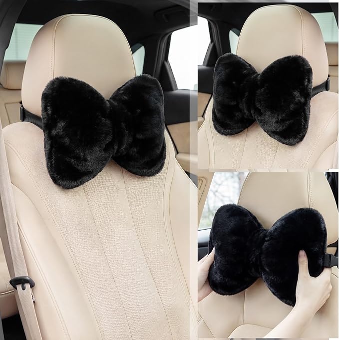 Macarrie 2 Pcs Black Car Neck Pillow Imitation Rabbit Fur Bow Pillow | Soft Comfortable Seat Headrest Support, Cute Bow Car Accessories, Driving Travel Driver Chair Girl Interior Decor, Solid