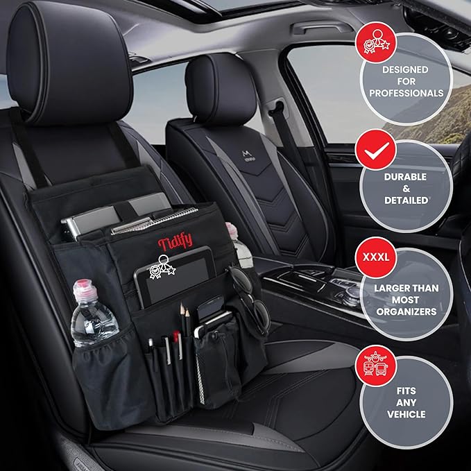 Tidify Car Front Seat Organizer [2025 UPDATED] with Dedicated Tablet and Laptop Storage Stabilizing Side Straps Soft Adjustable Shoulder Strap and Hardened Buckles Your Office Away from Office.