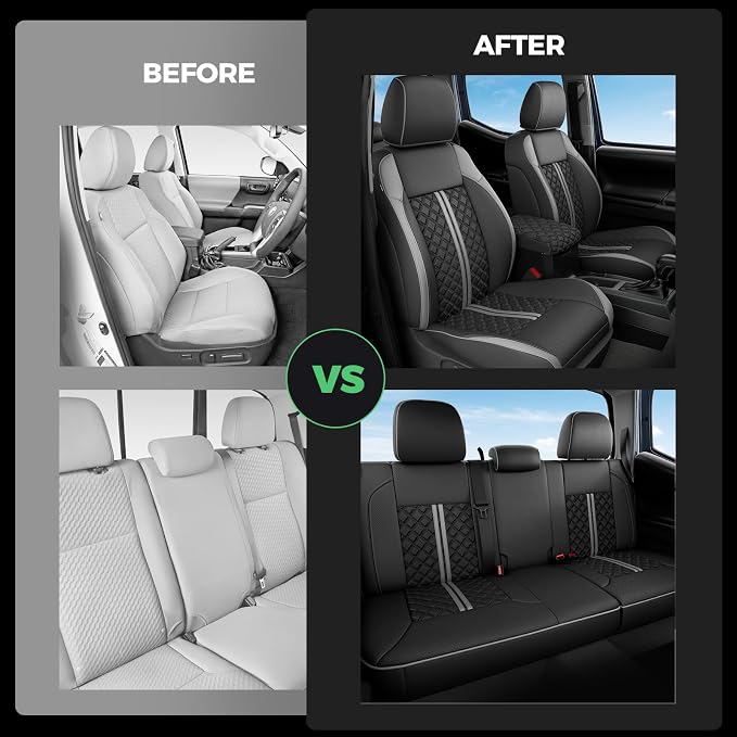 Custom Seat Covers for Tacoma 2016-2023 3rd Gen Double Cab SR5/TRD Off-Road/SR/TRD Sport/TRD PRO Full Set with Console Covers, Waterproof Leather Back and Front Seat Protectors Black Grey