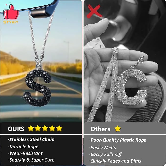 Letter S Bling Black Car Accessories Interior for Women, Interior Charm Rear View Mirror Cute Crystal Pendant Car Decorations for Men, Lucky Gifts Diamond Rhinestone