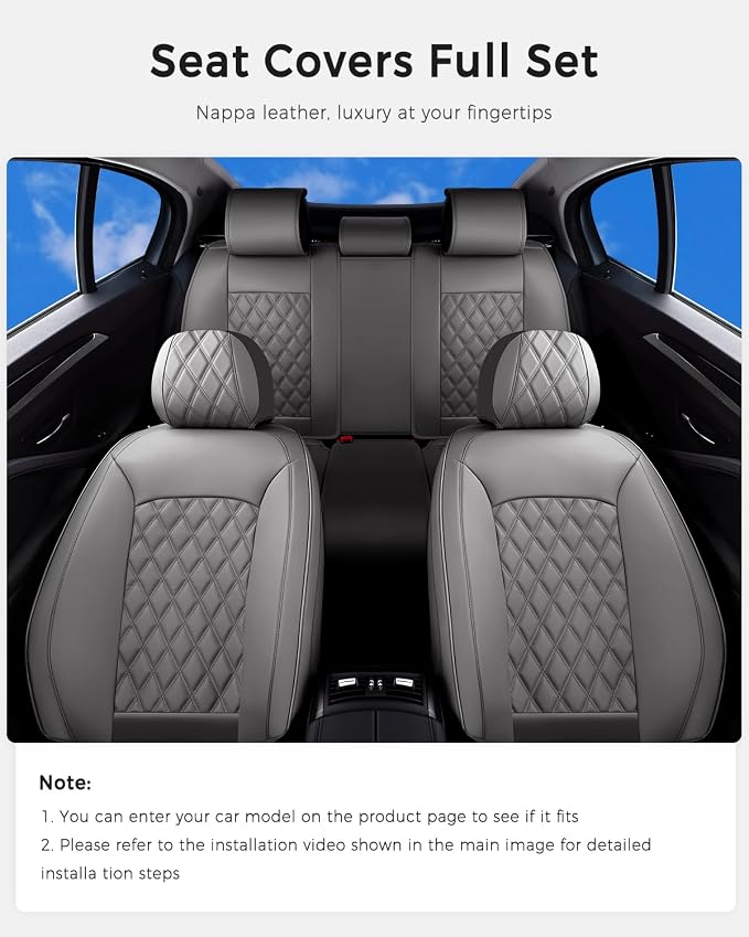Huidasource Gray Seat Covers Full Set, Seat Covers 5 Seats Waterproof Nappa Leather, Universal Fit for Most Cars,Van,Truck, SUV, Honda Civic Nissan Compass Sentra Focus Explorer(Full Set/Gray)