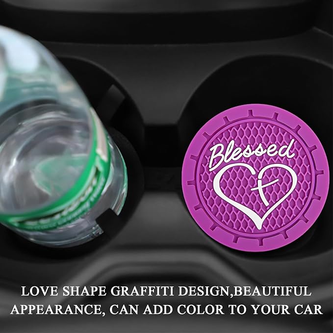 KVAEY 2 PCS Car Cup Holder Coasters, 2.76 Inch Anti Slip Vehicle Drink Mats with Cute Blessed Cross and Heart, Shockproof, Universal Car Accessories (Dark Purple, 4 PCS)