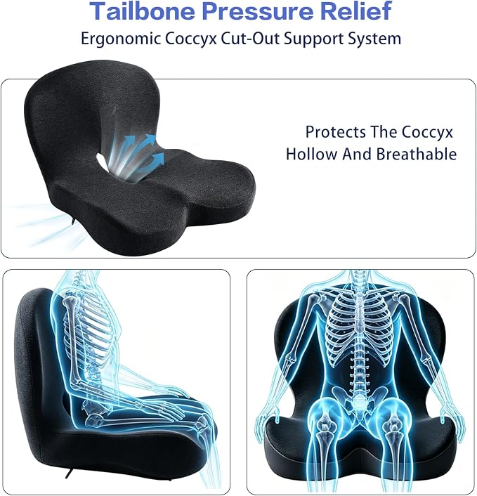 Back and Seat Cushion for Office Chair, Black | Wide ergonomic memory foam, coccyx cutout & adjustable straps, tailbone & back relief, non-slip for car, home & gaming