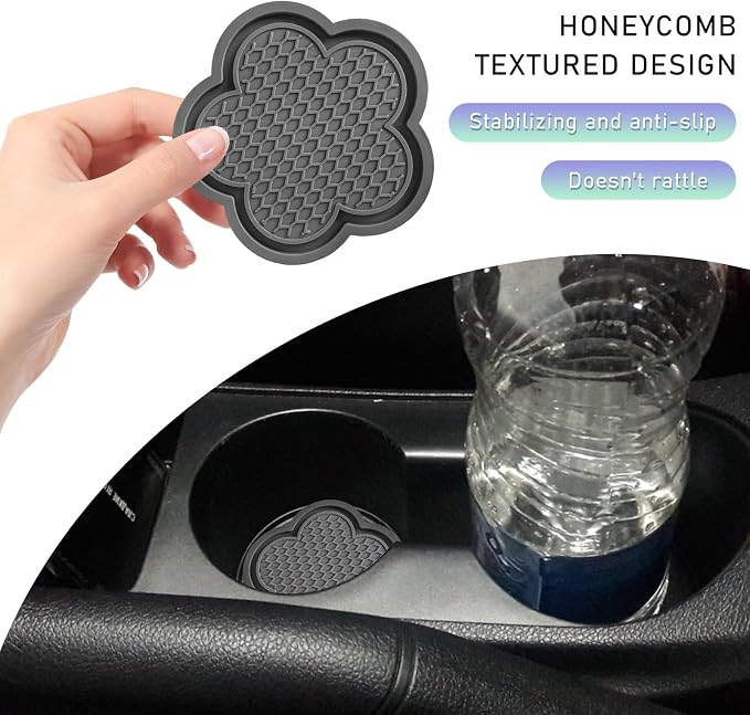 DXNQ 4 PCS Car Cup Coasters, Cute Flower Shaped Car Cup Holder Mat, PVC Waterproof Anti Slip Vehicle Cup Holder Insert Coaster, Universal Car Interior Decor Accessories (Gray)