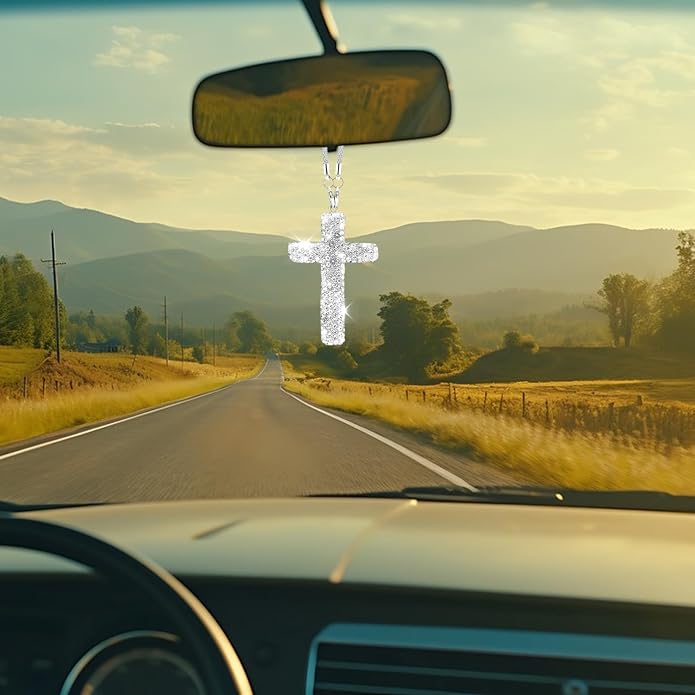Bling Car Rear View Mirror Accessories Hanging Pendant,Cross Crystal Rhinestone For Car Mirror Hanging,Double-Sided Cross Diamond Religious,Interior Men Women Car Accessories