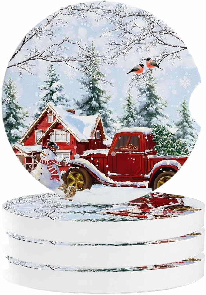 Car Coasters for Cup Holders 2.6"Dia Absorbent Coasters Set of 4 Car Interior Accessories for Women Men Ceramic Car Coaster for Drinks with Finger Grooves,Christmas Winter Snowflakes Snowman Truck Red