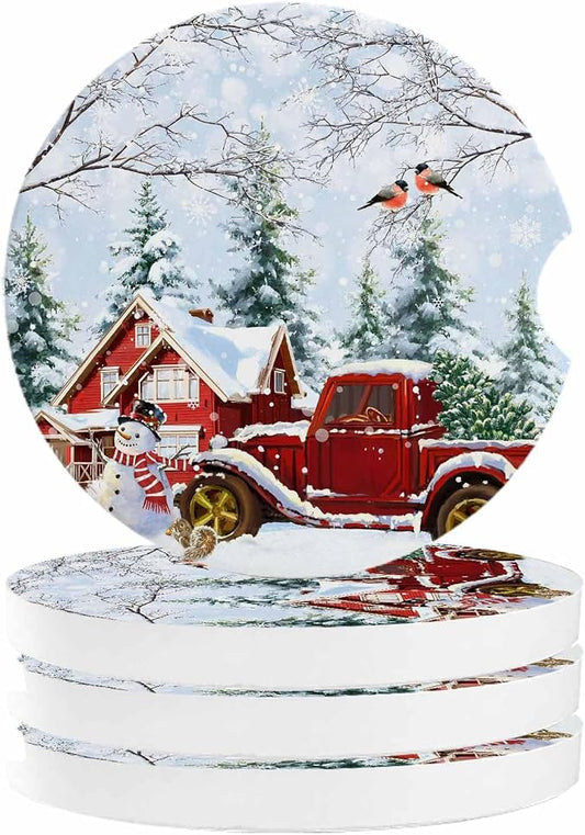 Car Coasters for Cup Holders 2.6"Dia Absorbent Coasters Set of 4 Car Interior Accessories for Women Men Ceramic Car Coaster for Drinks with Finger Grooves,Christmas Winter Snowflakes Snowman Truck Red