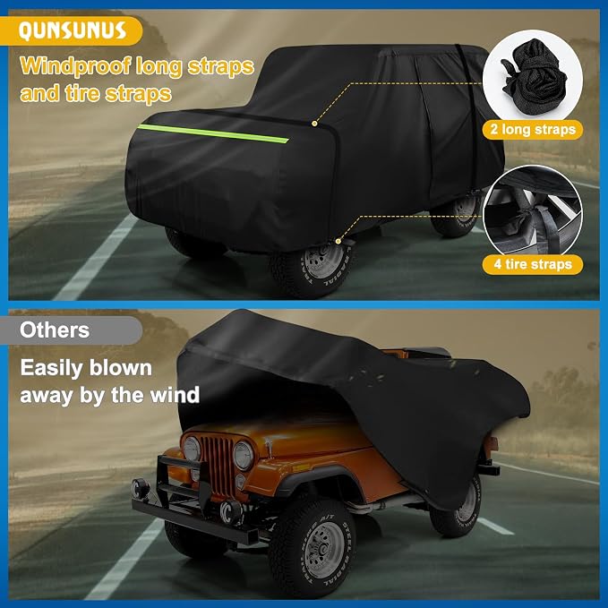 QUNSUNUS Waterproof Car Cover for Jeep CJ5 1955-1983, Outdoor Cj5 Cover with Cotton Lining, All Weather Cover with Straps and Zipper for Wind, Sun, UV and Dust Protection