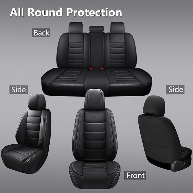 Full Coverage Faux Leather Car Seat Covers Full Set,Automotive Seat Covers for Cars,SUVs Pick-up Truck, Car Seat Cushion, Black Seat Covers for 5 Seats