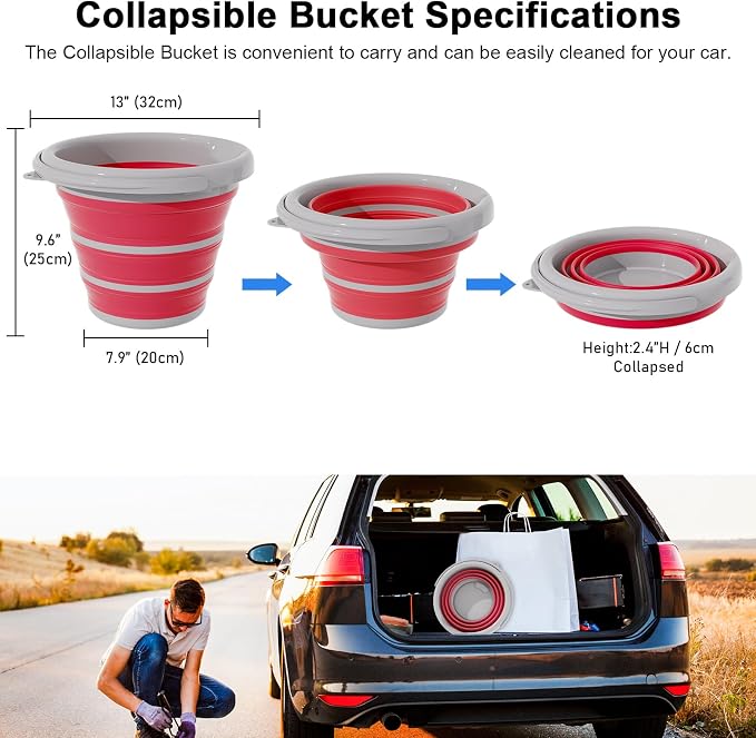 Collapsible Wash Bucket with Microfiber Mitt, 10L (2.6 Gallon) Portable Collapsiblle Bucket with Handle for Car Wash Household Cleaning, Multiuse Collapsibles Water Bucket and Car wash mitt - Pink