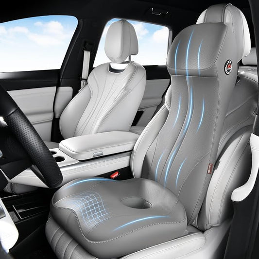 Coverado Memory Foam Car Seat Cushion and Lumbar Support Headrest Pillow, 2-in-1 Integrated Ergonomic Back Support Neck Pillow, Breathable Seat Cushion for Sciatica Back Tailbone Pain Relief, Gray
