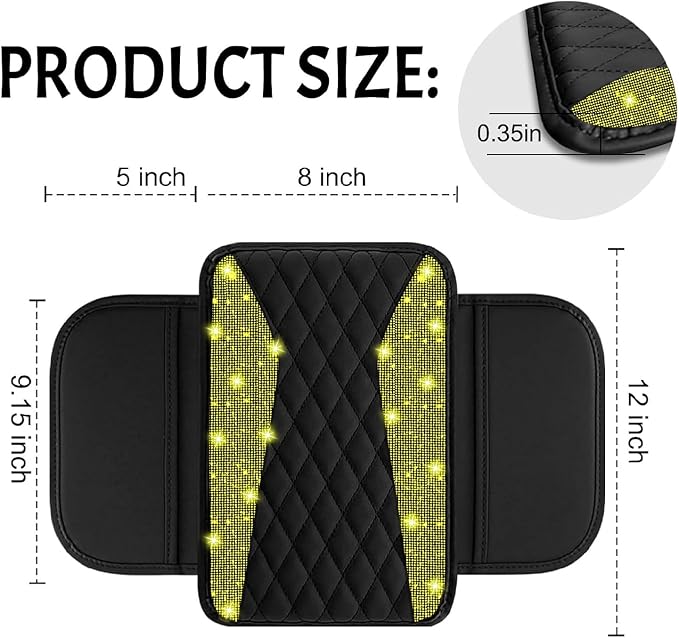 NBTEPEM Bling Car Center Console Cover, Leather Middle Console Cover with 2 Storage Bags, Universal Arm Rest Cover Protector, Bling Car Accessories Interior Fit for Most Vehicles, Yellow Diamond