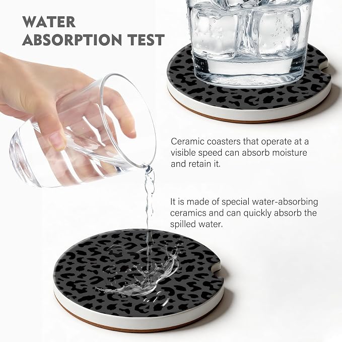 2 Pack Car Coasters for Cup Holders, Absorbent Ceramic Cup Coaster with Cork Base and Finger Notch, Cute Car Accessories Interior for Women Men (Leopard-Black)