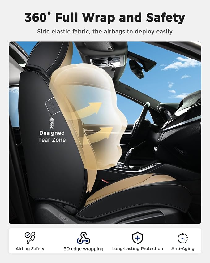 Huidasource Car Seat Covers, Universal Fit for Cars SUV Trucks, Black&Beige | Full Coverage Leather Seat Cover, Airbag, Cupholder Compatible, Seat Function Retain, Easy Install with Velcro