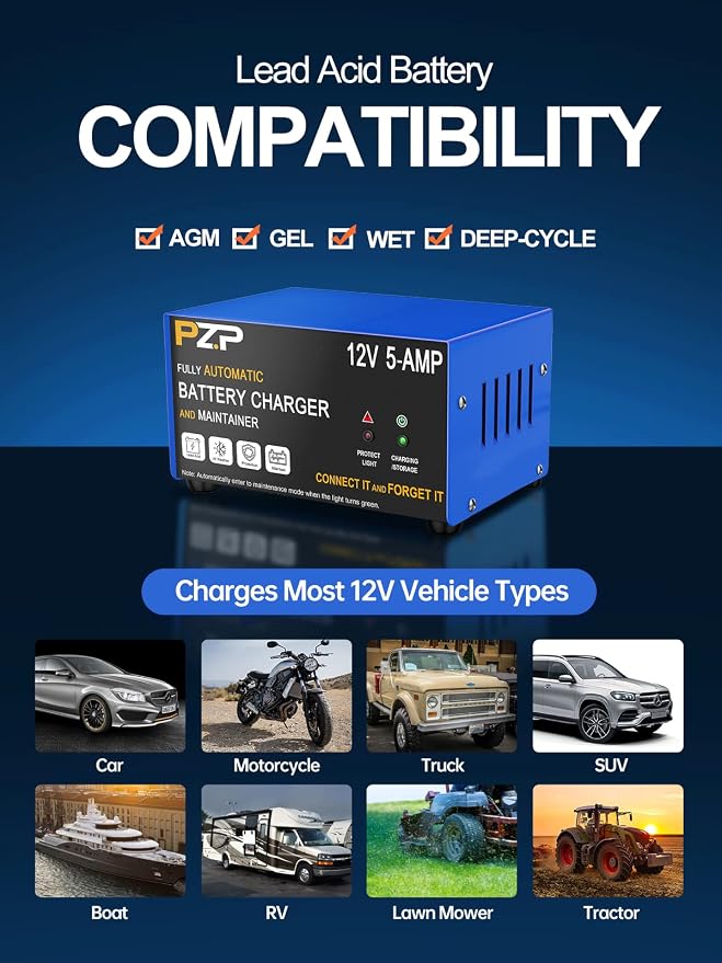 12v Smart Car Battery Charger, 5Amp Fully-Automatic Trickle Charger, Battery Desulfator with Auto Repair, 12 Volt Battery Maintainer, Winter Mode, Suitable for AGM, Deep Cycle, Lawn Mower, RV