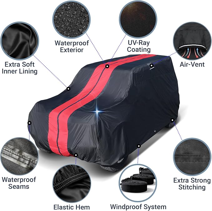 iCarCover Premium Plus SUV Car Cover Waterproof All Weather Rain Snow UV Sun Protection, CJ-5, Wrangler, FJ40, Tracker 2-Door, Sidekick 2-Door, Samurai, Size S56 (See Size Chart) Stripe - Black/Red