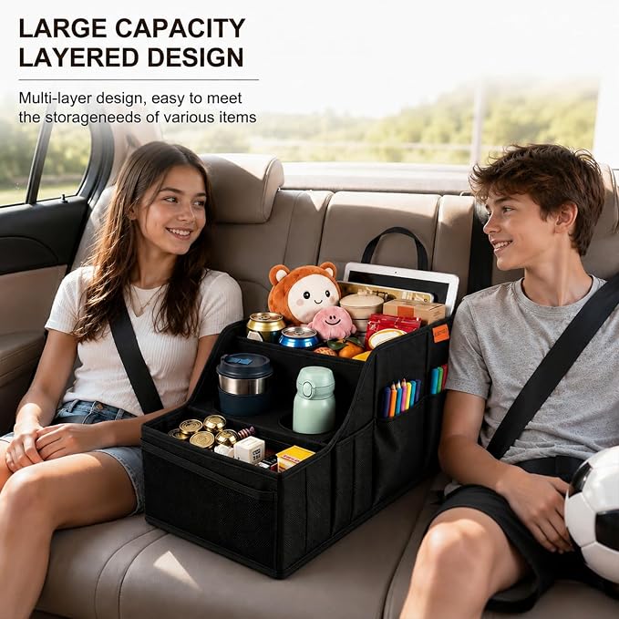 Car Seat Organizer Back Front Captains Seats Storage Travel | Car Organizer, Back Seat Car Organizer, Car Seat Organizer Front Seat – 9 Compartments, 2 Cup Holders – Foldable, Black