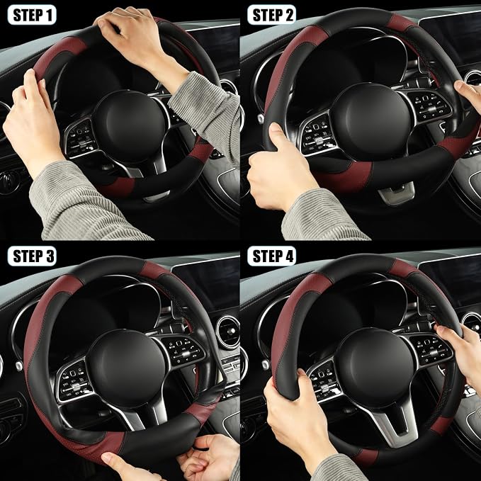 Black Burgundy Breathable Microfiber Leather Steering Wheel Cover | Breathable Anti Slip Grip Cool Sporty Look Glow for Women Men