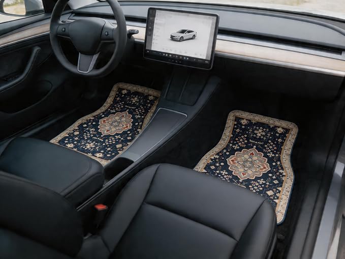 Vintage Persian Navy Car Floor Mats 4-Pack Boho Rug Style | Boho Persian car floor mats 4-piece set, navy medallion rug print, fits sedans SUVs trucks, non-slip