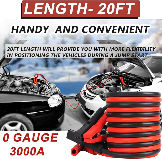 Jumper Cables, 0 Gauge 3000AMP 20FT,Heavy Duty Automotive Booster Cables for 12V/24V Car, SUV &Truck Battery, with Strong Clamps & Thiekened Inner Core, Carry Bag and Gloves Included