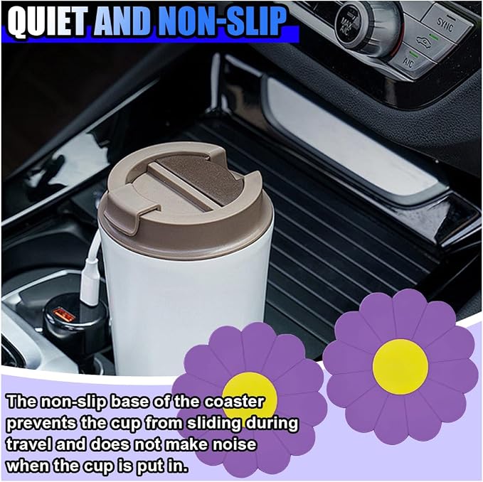 2PCS Car Cup Coaster, Flower Shaped Silicone Non-Slip Vehicle Drink Holder Insert Mat, Universal 2.75 Inch Waterproof Automotive Interior Decoration Beverage Pad Accessories (Purple)
