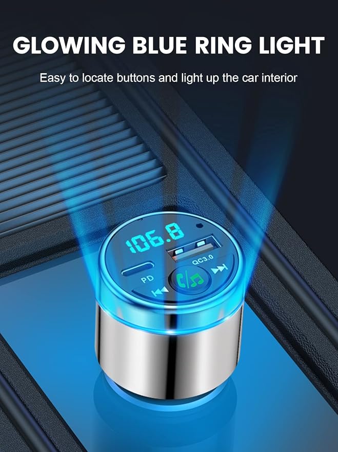 RIWUSI FM Transmitter for Car Bluetooth 5.3, [All-Metal] PD 30W & QC3.0 18W Fast Car Charger, Wireless FM Radio Kit Bluetooth Car Adapter, Noise Cancelling Hands-Free Call, Blue Light - Sliver