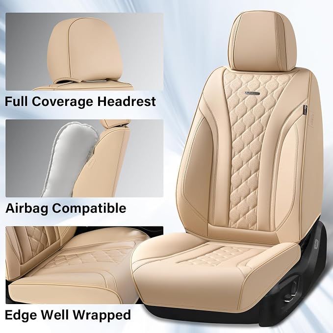 Coverado Car Seat Covers, Leather Seat Covers Full Set, Beige Seat Covers, Perforated Diamond Leather Car Seat Cover, Breathable Car Seat Cushion, Waterproof Car Seat Protector Fit for Most Cars