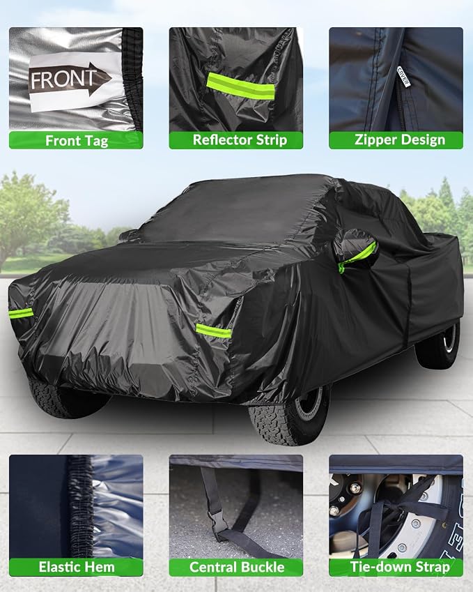 Waterproof Pickup Truck Cover, All Weather Outdoor Protection | Fits Ford F-150, Chevy Silverado, Ram 1500 & Trucks Length from 210 to 230", Windproof Design，Heavy-Duty Fabric